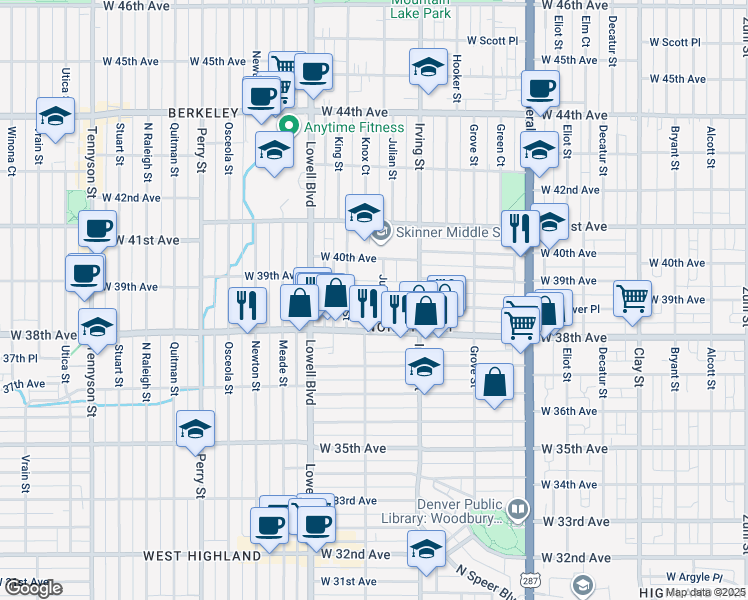 map of restaurants, bars, coffee shops, grocery stores, and more near 3915 Julian Street in Denver