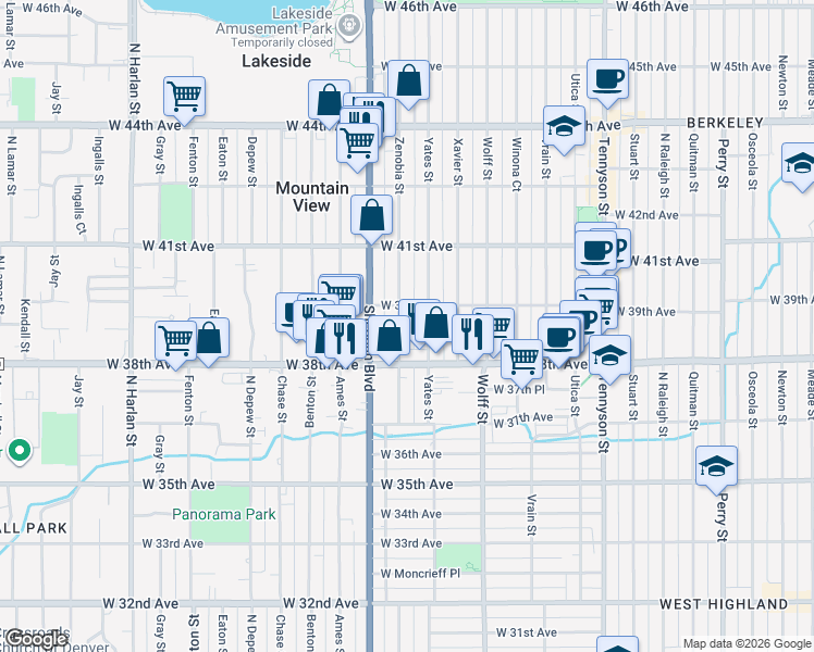 map of restaurants, bars, coffee shops, grocery stores, and more near 3895 Zenobia Street in Denver