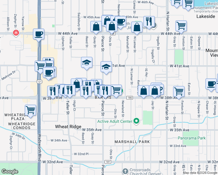 map of restaurants, bars, coffee shops, grocery stores, and more near 3950 Otis Street in Wheat Ridge