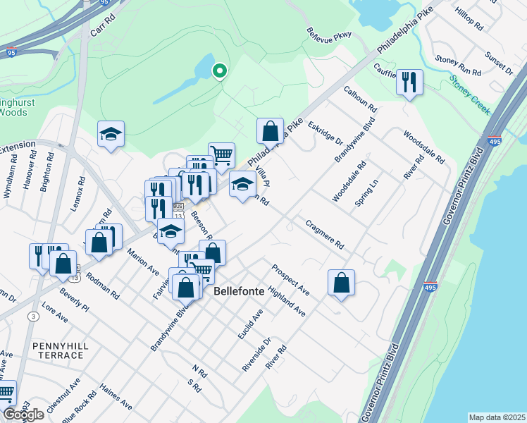 map of restaurants, bars, coffee shops, grocery stores, and more near in New Castle County