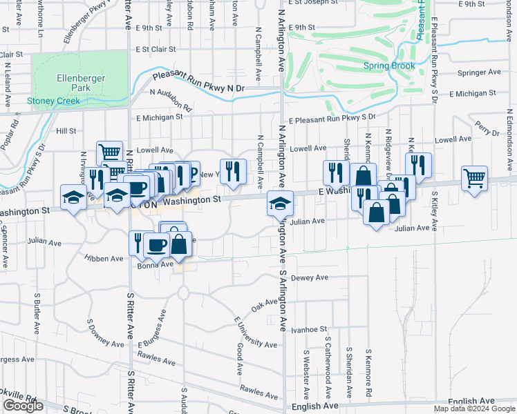 map of restaurants, bars, coffee shops, grocery stores, and more near 5900 East Washington Street in Indianapolis