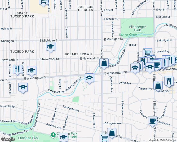 map of restaurants, bars, coffee shops, grocery stores, and more near 5040 East Pleasant Run Parkway North Drive in Indianapolis