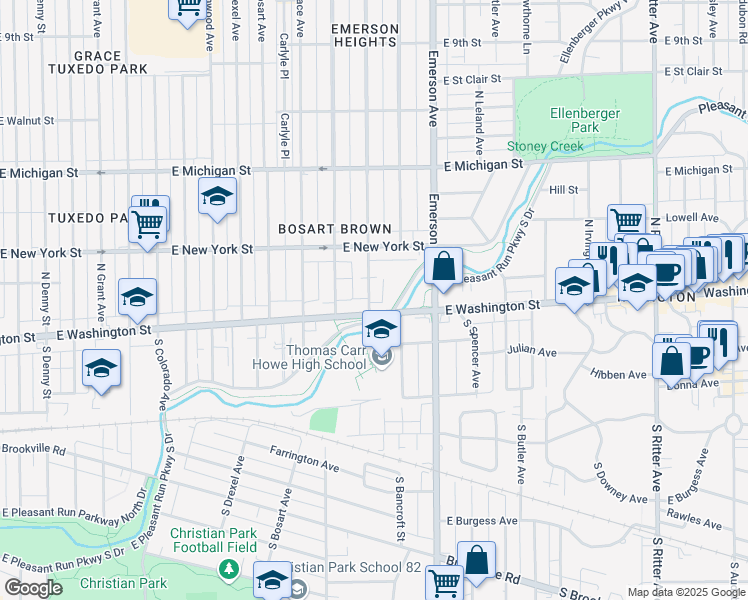 map of restaurants, bars, coffee shops, grocery stores, and more near 5040 East Pleasant Run Parkway North Drive in Indianapolis