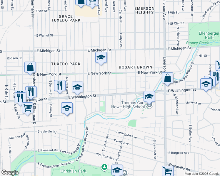 map of restaurants, bars, coffee shops, grocery stores, and more near 41 North Drexel Avenue in Indianapolis
