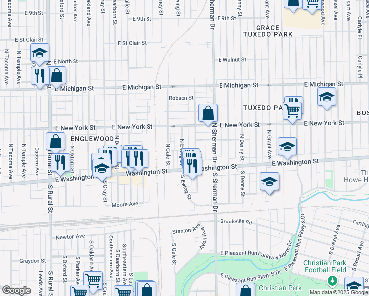 map of restaurants, bars, coffee shops, grocery stores, and more near 69 North Ewing Street in Indianapolis
