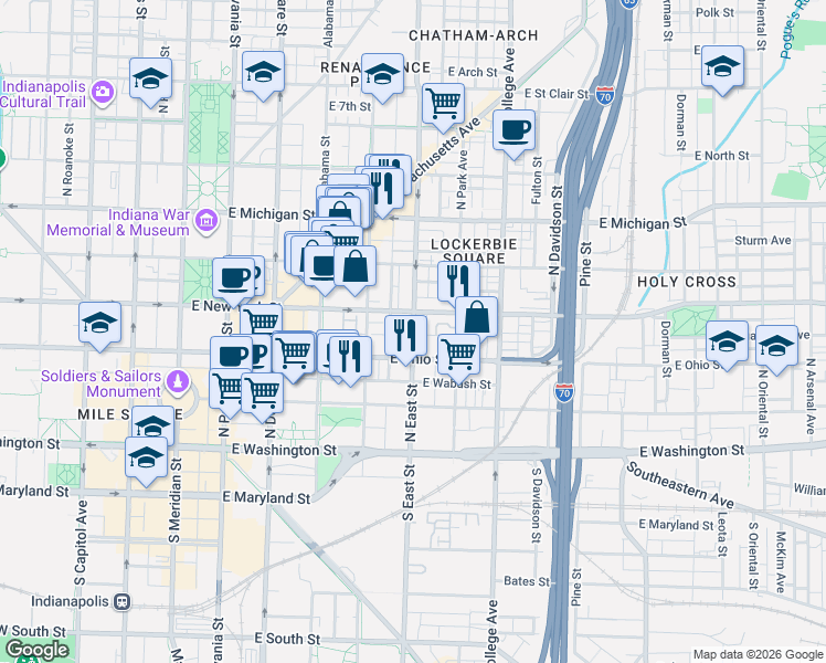 map of restaurants, bars, coffee shops, grocery stores, and more near in Indianapolis