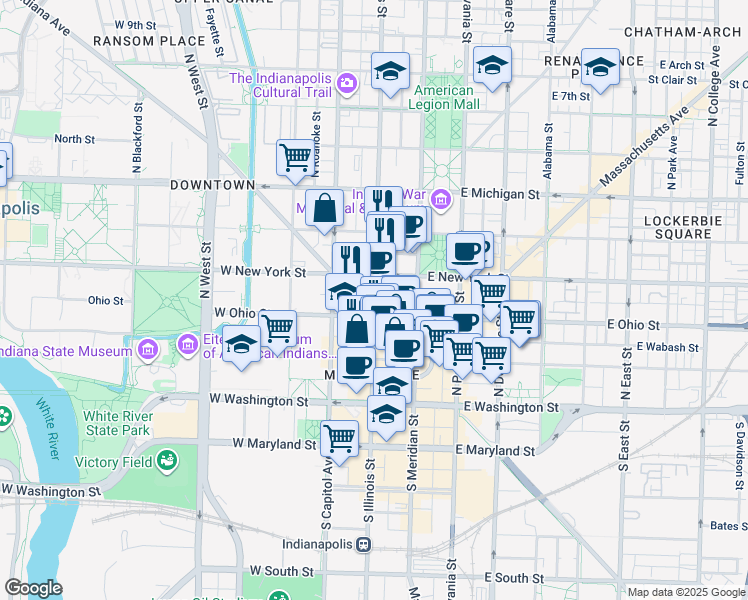 map of restaurants, bars, coffee shops, grocery stores, and more near in Indianapolis