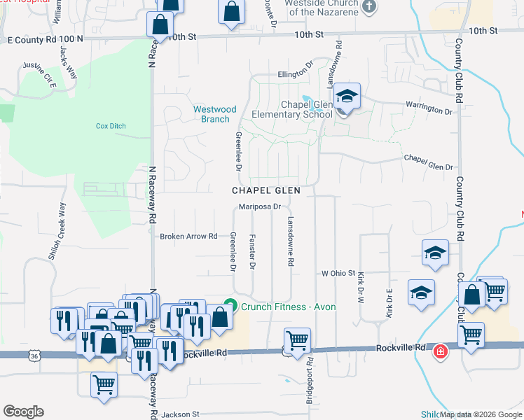 map of restaurants, bars, coffee shops, grocery stores, and more near 8920 Mariposa Drive in Indianapolis