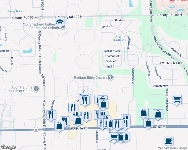 map of restaurants, bars, coffee shops, grocery stores, and more near 484 Knollwood Lane in Avon