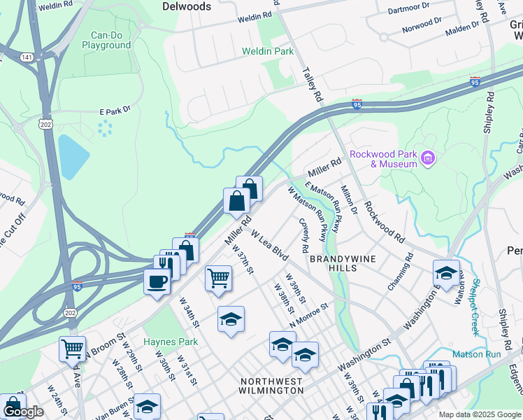 map of restaurants, bars, coffee shops, grocery stores, and more near 4310 Miller Road in Wilmington