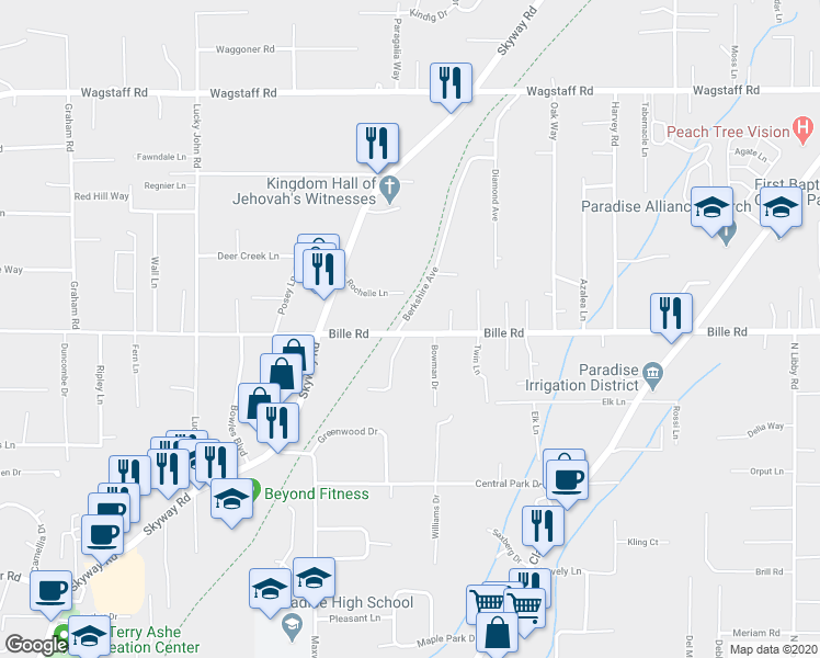 map of restaurants, bars, coffee shops, grocery stores, and more near 1067 Bille Road in Paradise