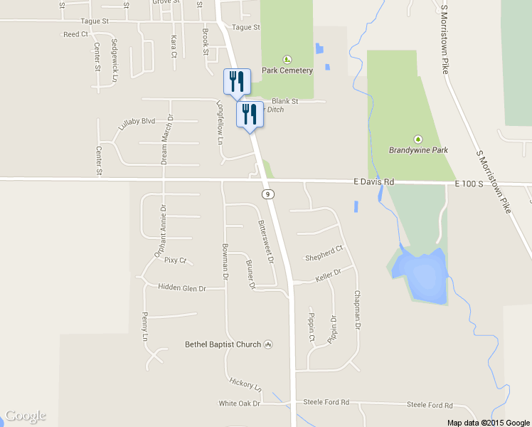 map of restaurants, bars, coffee shops, grocery stores, and more near 1323 Bittersweet Drive in Greenfield