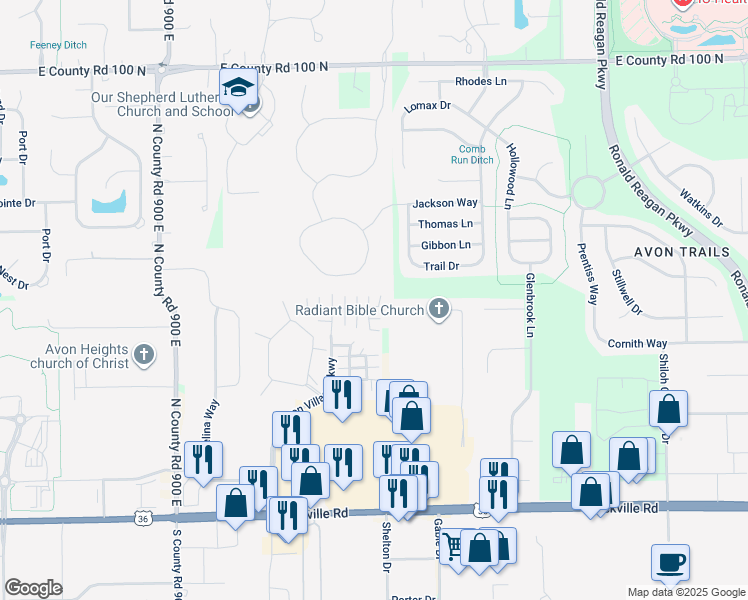 map of restaurants, bars, coffee shops, grocery stores, and more near 484 Knollwood Lane in Avon