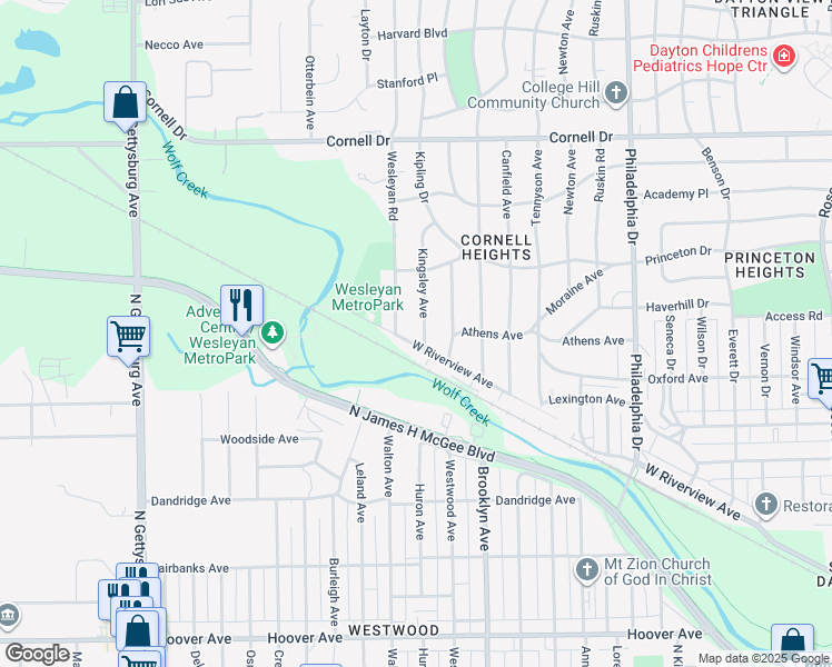 map of restaurants, bars, coffee shops, grocery stores, and more near 1335 Kingsley Avenue in Dayton