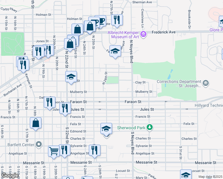 map of restaurants, bars, coffee shops, grocery stores, and more near 2604 Clay Street in Saint Joseph