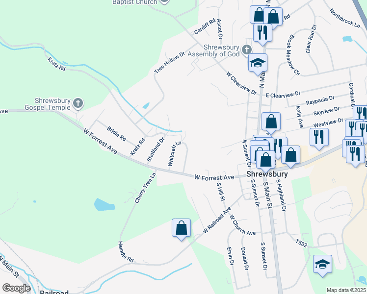 map of restaurants, bars, coffee shops, grocery stores, and more near 18 Whitcraft Lane in Shrewsbury