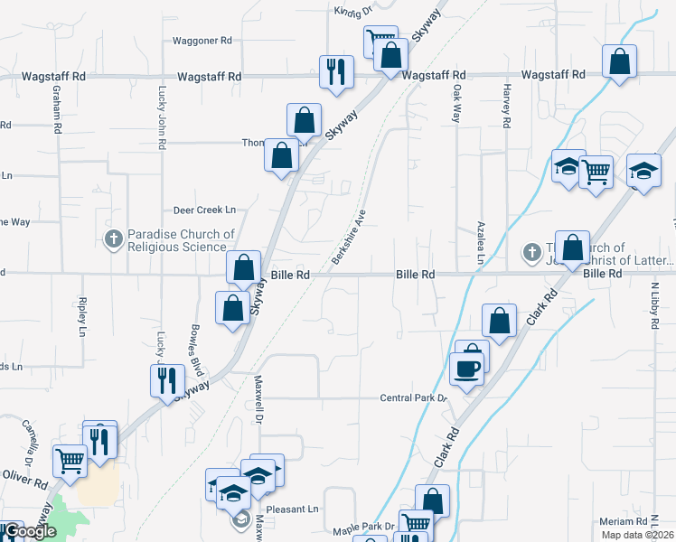 map of restaurants, bars, coffee shops, grocery stores, and more near 6226 Berkshire Avenue in Paradise