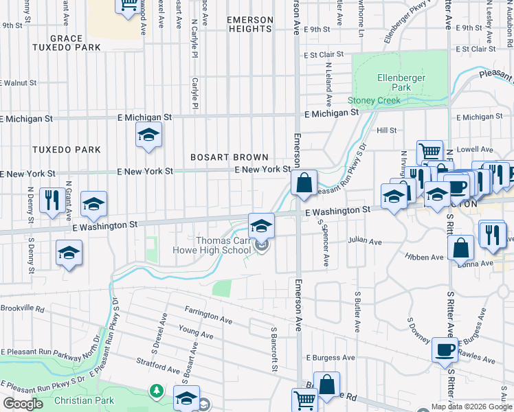 map of restaurants, bars, coffee shops, grocery stores, and more near 15 North Riley Avenue in Indianapolis