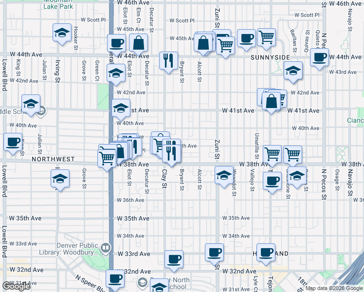 map of restaurants, bars, coffee shops, grocery stores, and more near W 39th Ave & Bryant St in Denver