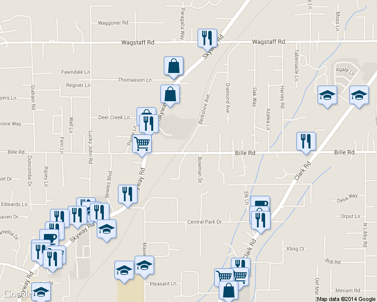 map of restaurants, bars, coffee shops, grocery stores, and more near 1067 Bille Road in Paradise