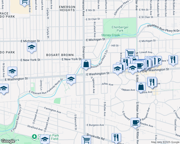 map of restaurants, bars, coffee shops, grocery stores, and more near 5135 East Pleasant Run Parkway North Drive in Indianapolis