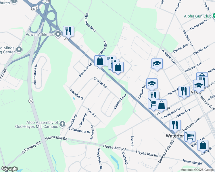 map of restaurants, bars, coffee shops, grocery stores, and more near 15 Colgate Road in Atco