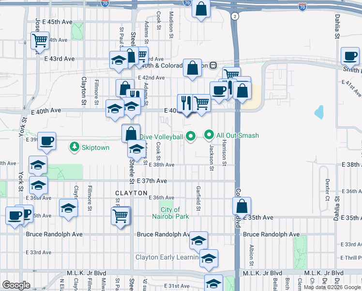 map of restaurants, bars, coffee shops, grocery stores, and more near 3890 Madison Street in Denver