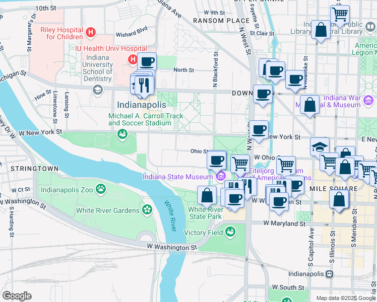 map of restaurants, bars, coffee shops, grocery stores, and more near Ohio Street in Indianapolis