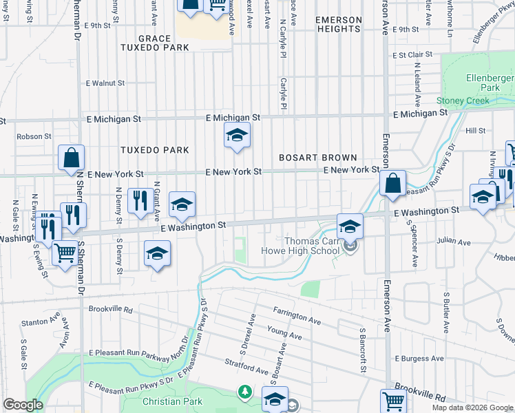 map of restaurants, bars, coffee shops, grocery stores, and more near 41 North Drexel Avenue in Indianapolis