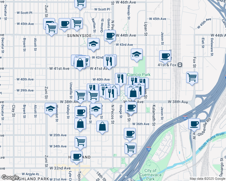 map of restaurants, bars, coffee shops, grocery stores, and more near Pecos St & W 39th Ave in Denver
