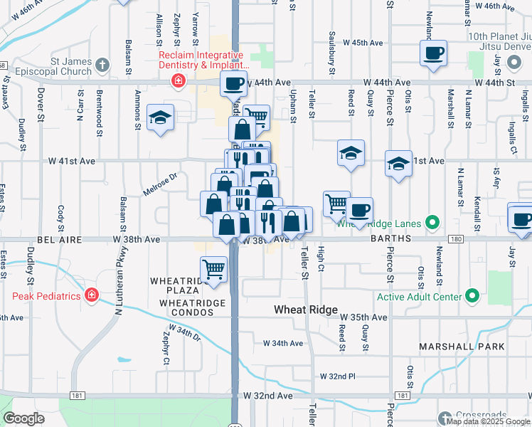 map of restaurants, bars, coffee shops, grocery stores, and more near 3830 Wadsworth Boulevard in Wheat Ridge