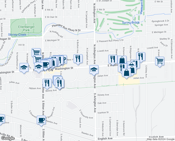 map of restaurants, bars, coffee shops, grocery stores, and more near 5901 East Washington Street in Indianapolis
