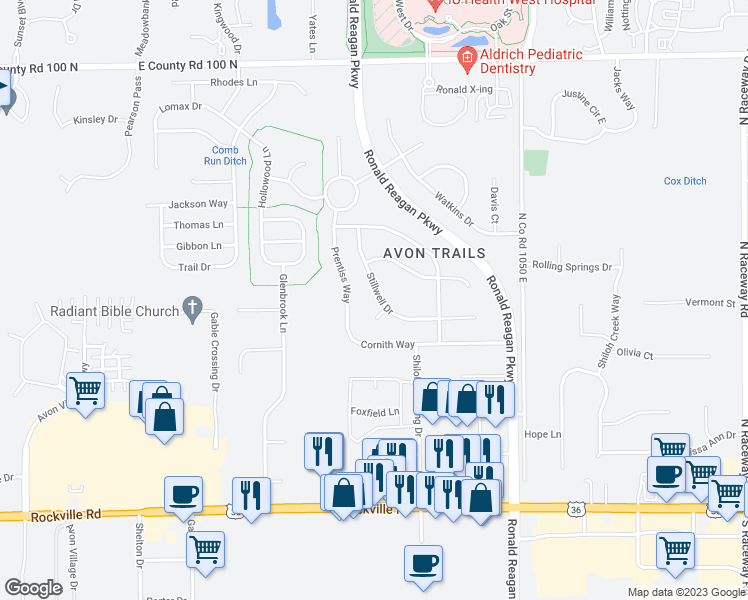 map of restaurants, bars, coffee shops, grocery stores, and more near 10221 Stillwell Drive in Avon