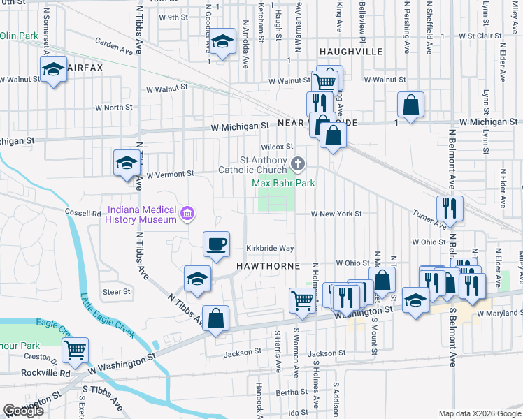 map of restaurants, bars, coffee shops, grocery stores, and more near 300 North Warman Avenue in Indianapolis