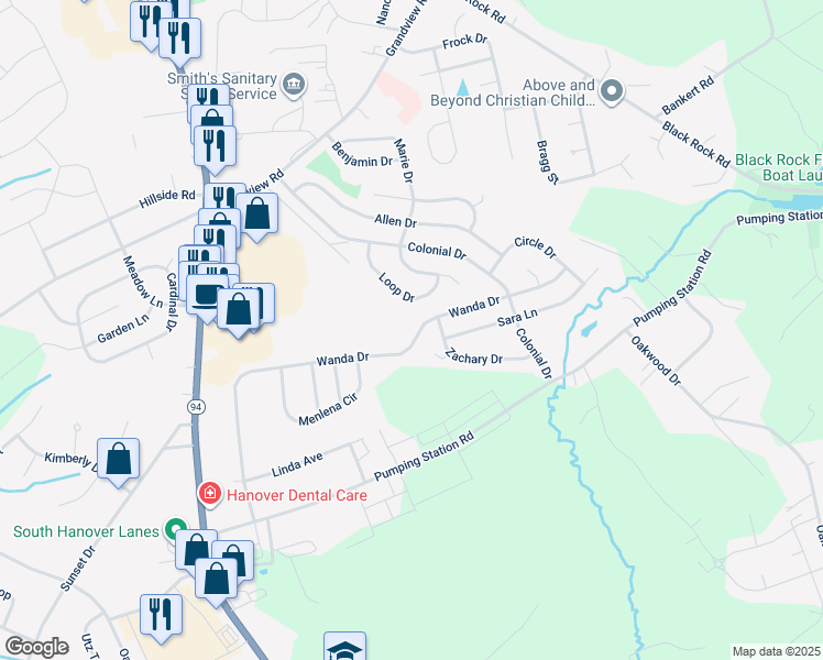map of restaurants, bars, coffee shops, grocery stores, and more near 1383 Wanda Drive in Hanover