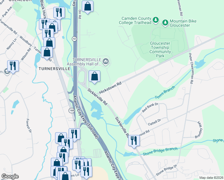 map of restaurants, bars, coffee shops, grocery stores, and more near 73 Hickstown Rd in Sicklerville