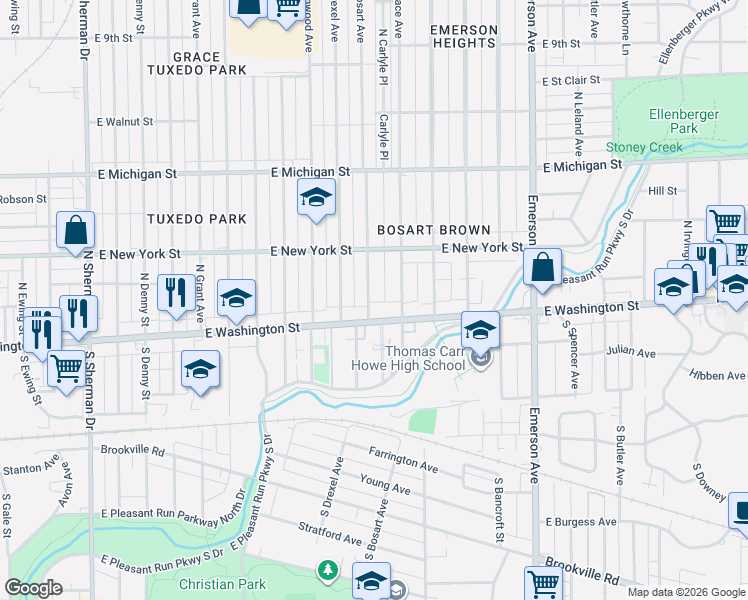 map of restaurants, bars, coffee shops, grocery stores, and more near 35 North Bosart Avenue in Indianapolis