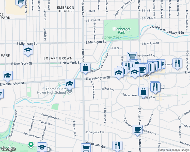 map of restaurants, bars, coffee shops, grocery stores, and more near 5206 East Washington Street in Indianapolis