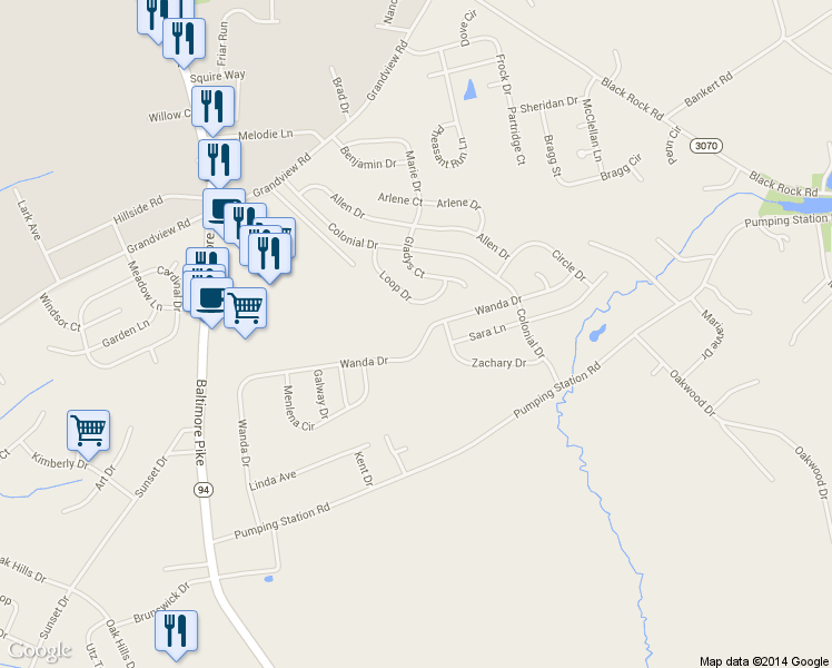 map of restaurants, bars, coffee shops, grocery stores, and more near 1383 Wanda Drive in Hanover