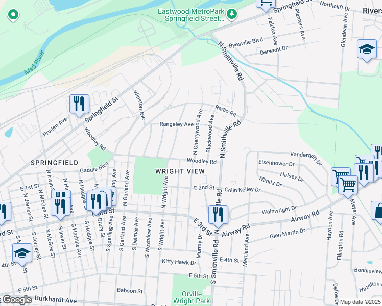 map of restaurants, bars, coffee shops, grocery stores, and more near 211 North Cherrywood Avenue in Dayton