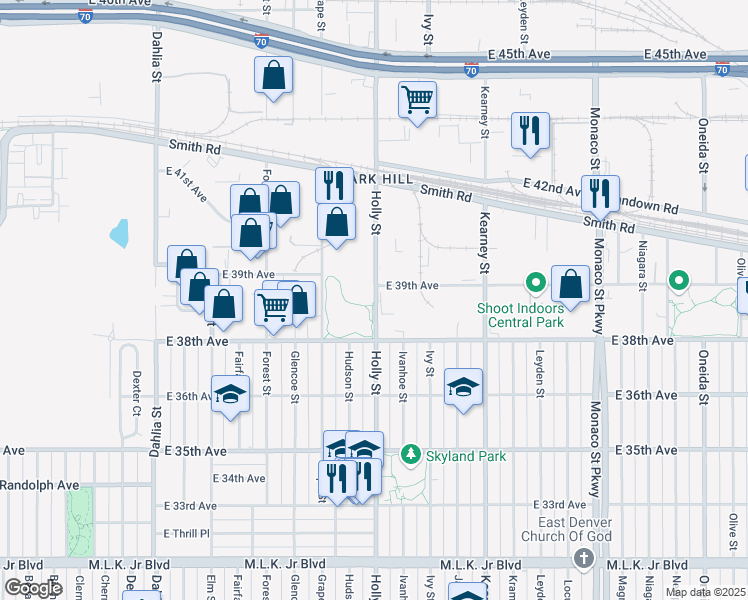 map of restaurants, bars, coffee shops, grocery stores, and more near 5600 East 39th Avenue in Denver