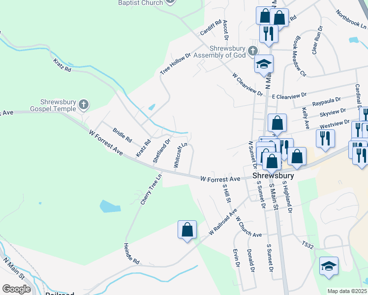 map of restaurants, bars, coffee shops, grocery stores, and more near 28 Whitcraft Lane in Shrewsbury