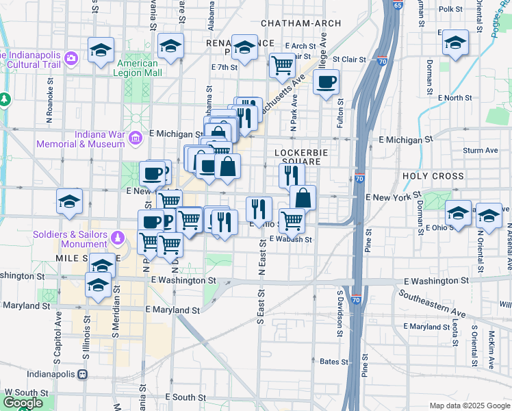 map of restaurants, bars, coffee shops, grocery stores, and more near in Indianapolis