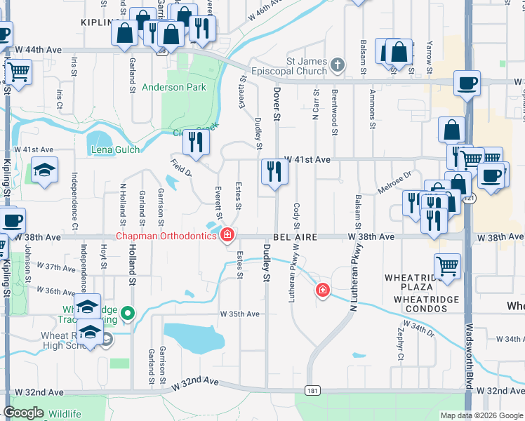 map of restaurants, bars, coffee shops, grocery stores, and more near 3895 Dudley Street in Wheat Ridge