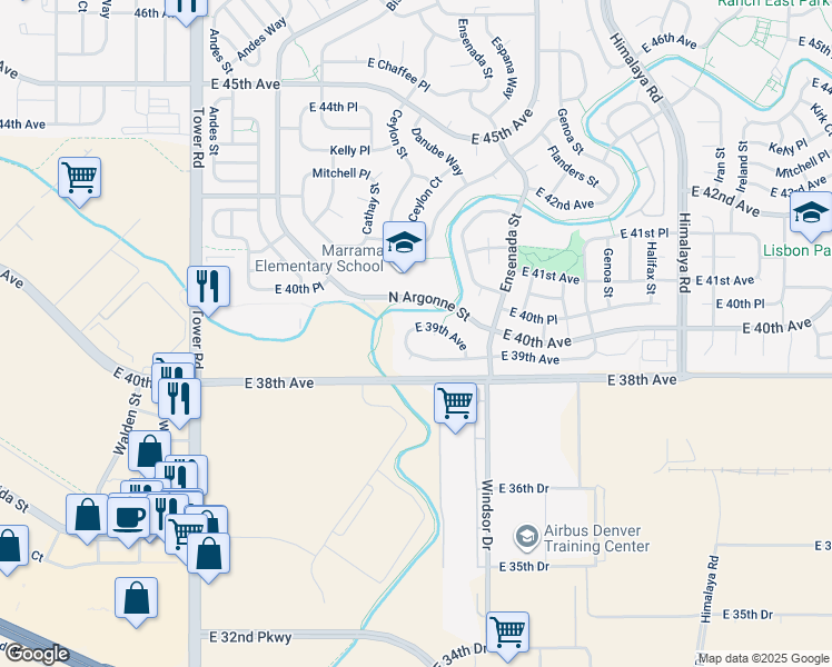 map of restaurants, bars, coffee shops, grocery stores, and more near 19140 East 39th Place in Denver