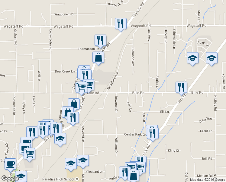 map of restaurants, bars, coffee shops, grocery stores, and more near 1075 Bille Road in Paradise