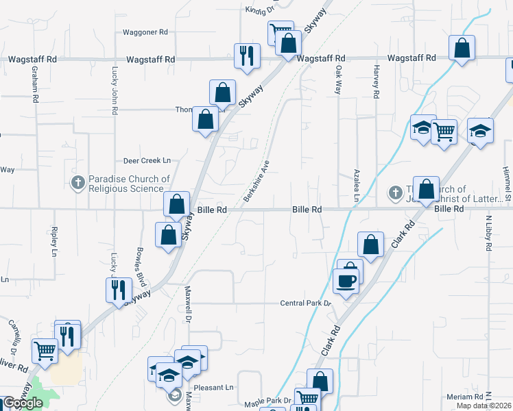 map of restaurants, bars, coffee shops, grocery stores, and more near 6226 Berkshire Avenue in Paradise