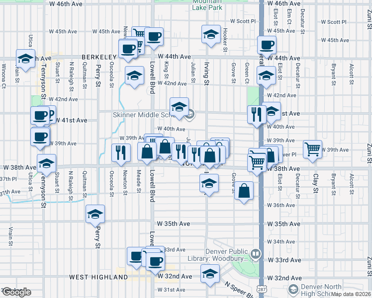 map of restaurants, bars, coffee shops, grocery stores, and more near 3915 Julian Street in Denver