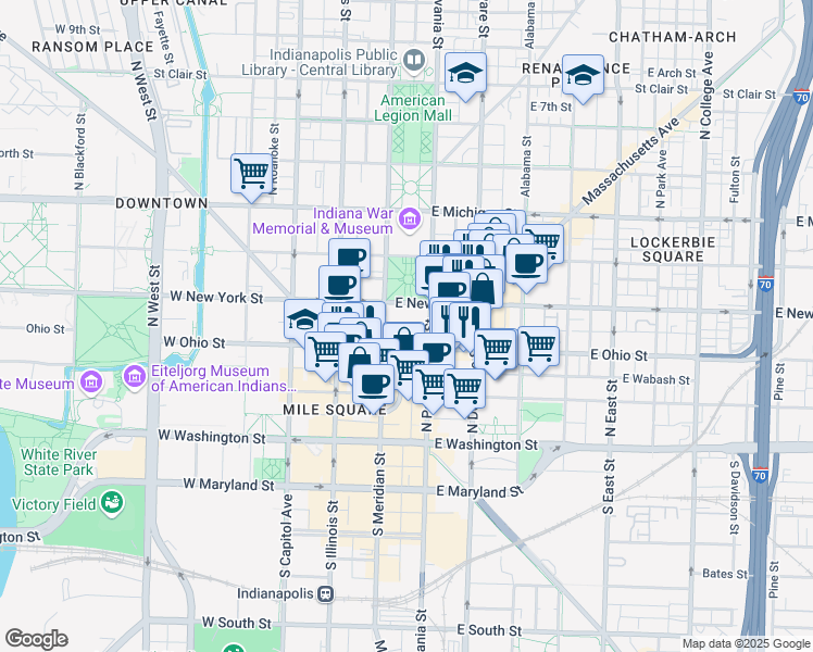 map of restaurants, bars, coffee shops, grocery stores, and more near 46 East Ohio Street in Indianapolis