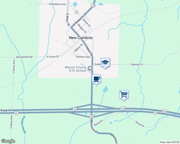 map of restaurants, bars, coffee shops, grocery stores, and more near 501 South Main Street in New Cambria